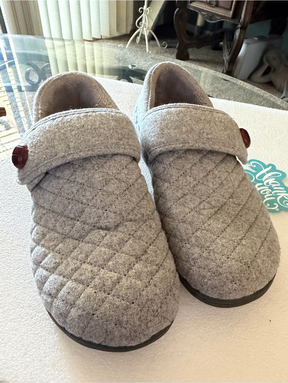 Vionic Slippers Women Jackie Gray Quilted Flannel Orthotic Slip On Slippers SZ 9